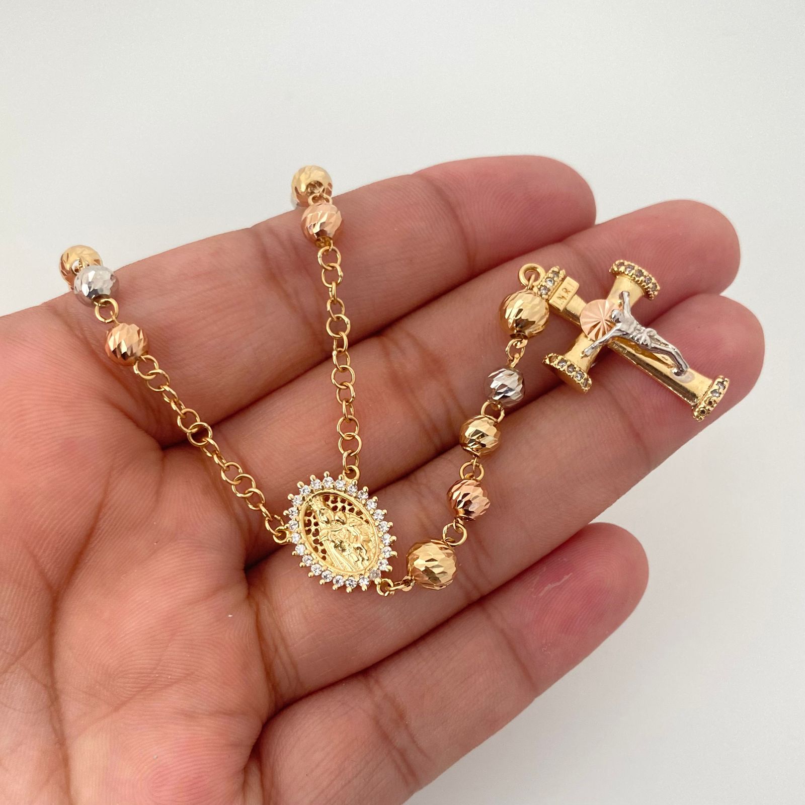 Rosario virgen maria auxiliadora casting balines diamantados Tres oros 18k 17,25 Gr / 5,0 mm / 68 Cm