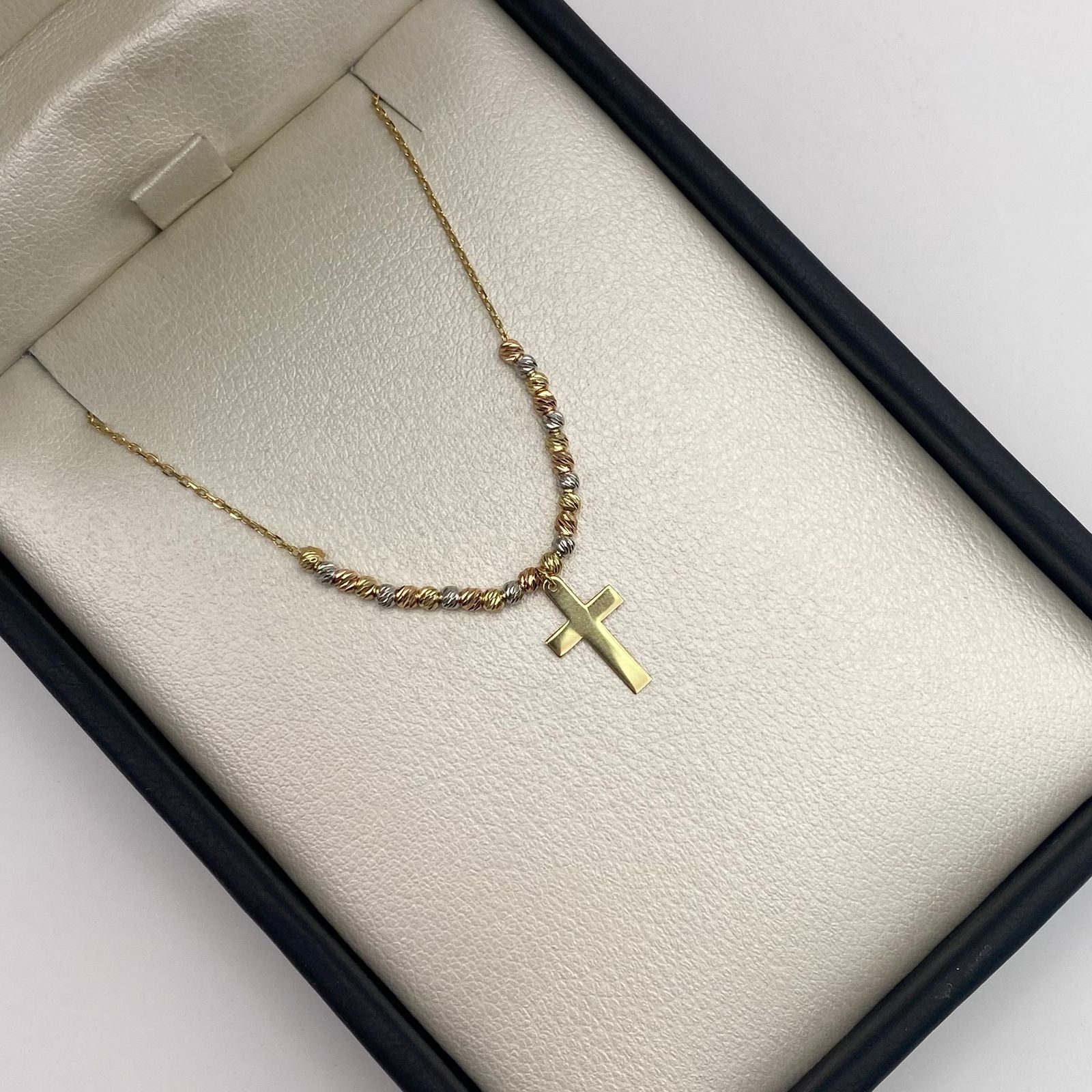 Cadena It Aro seguido Especial Balines y Cruz Tres oros 18k 2,1 Gr / 0,5 mm / 45 Cm