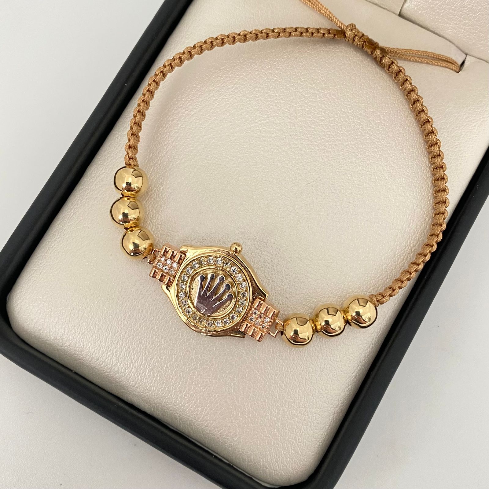Pulsera tejida reloj corona rx casting bolas lisas #6 Tres oros 18k 5,35 Gr
