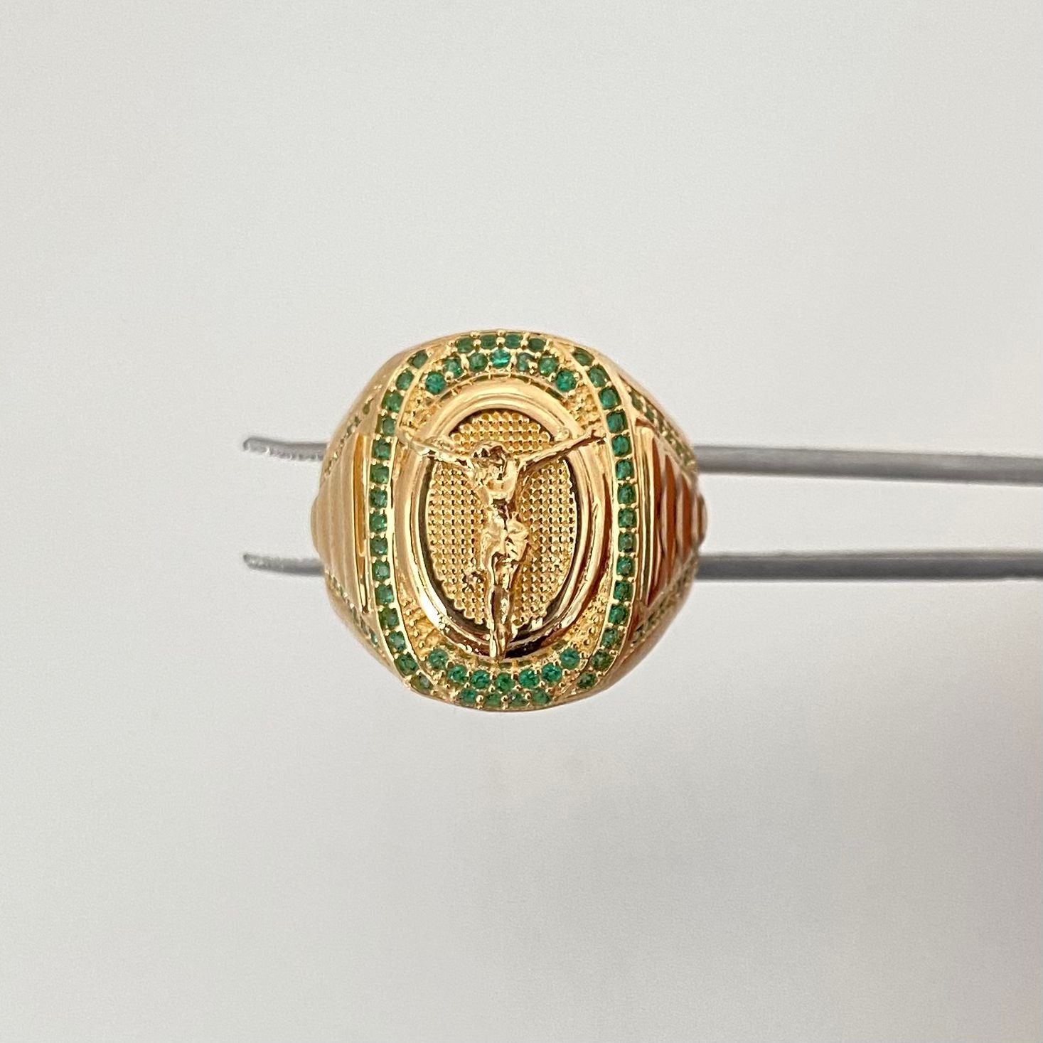 Anillo cristo fondo diamantado borde casting verde Oro amarillo 18k / Talla 9 1/4 / 10,15 Gr