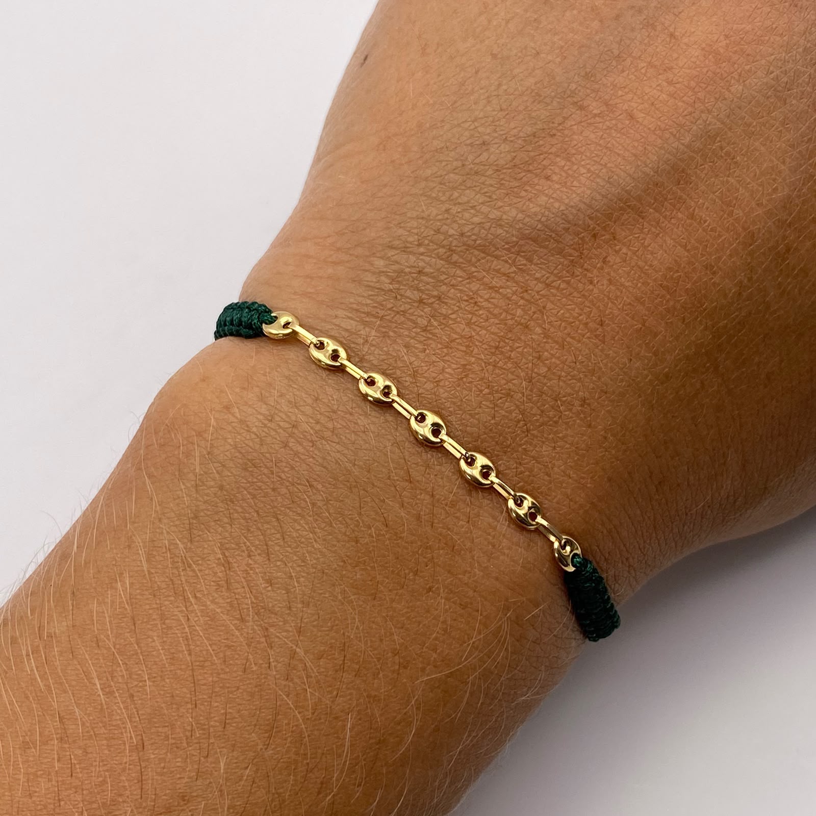 Pulsera tejida Herraje gc hilo verde Oro amarillo 18k 0,35 Gr