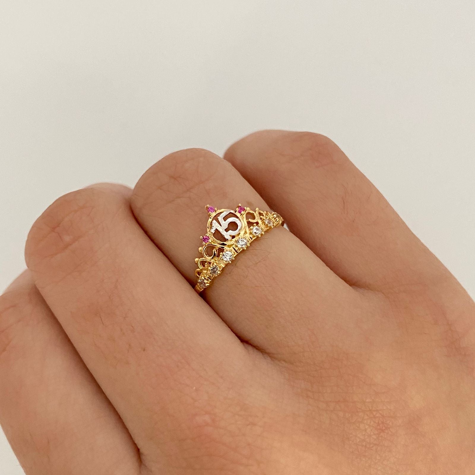 Anillo 15 tiara triple circon rosa Oro amarillo y Oro blanco 18k / Talla 6 / 1,45 Gr