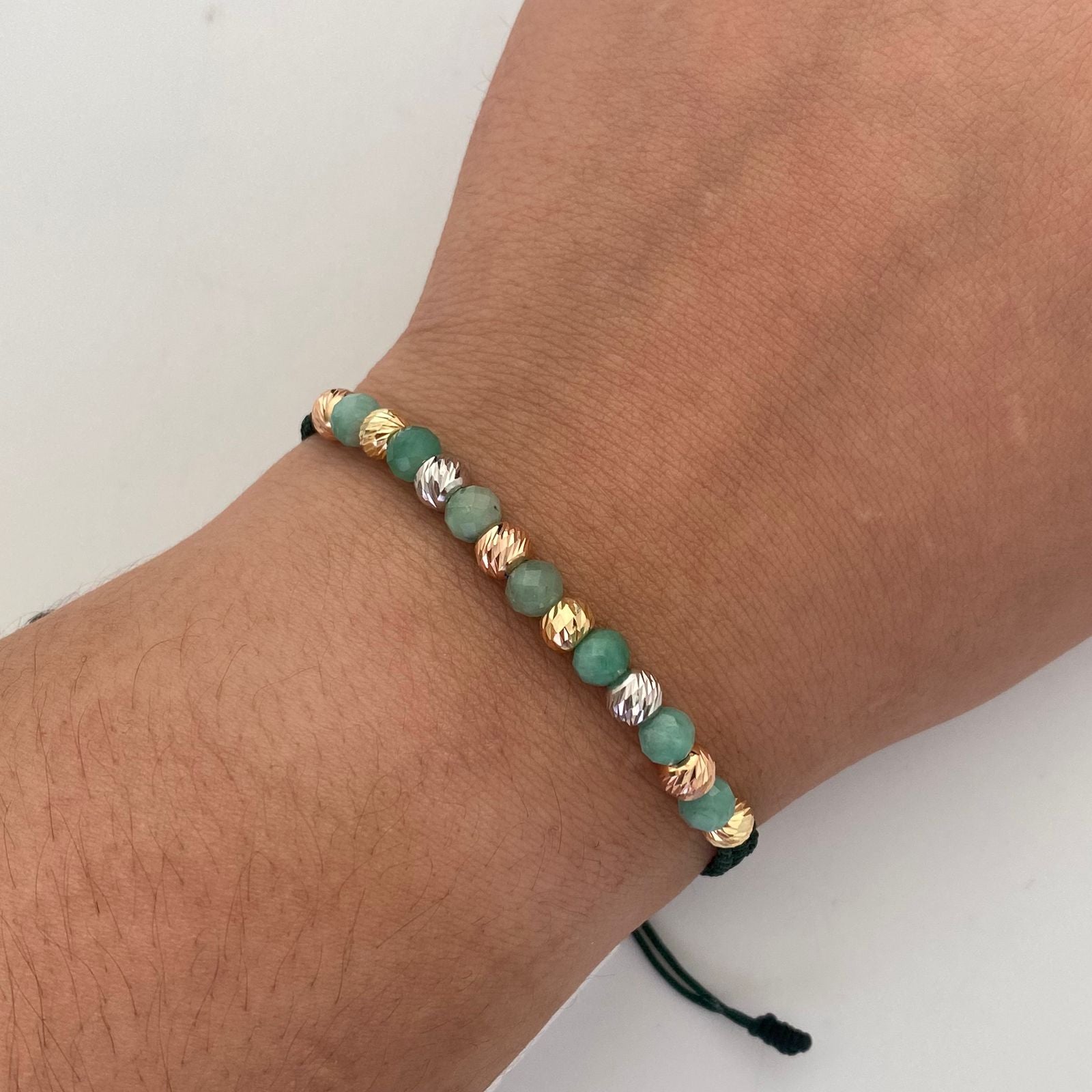Pulsera tejida Bolas Diamantadas 5mm + morrallas Tres oros 18k 1,15 Gr