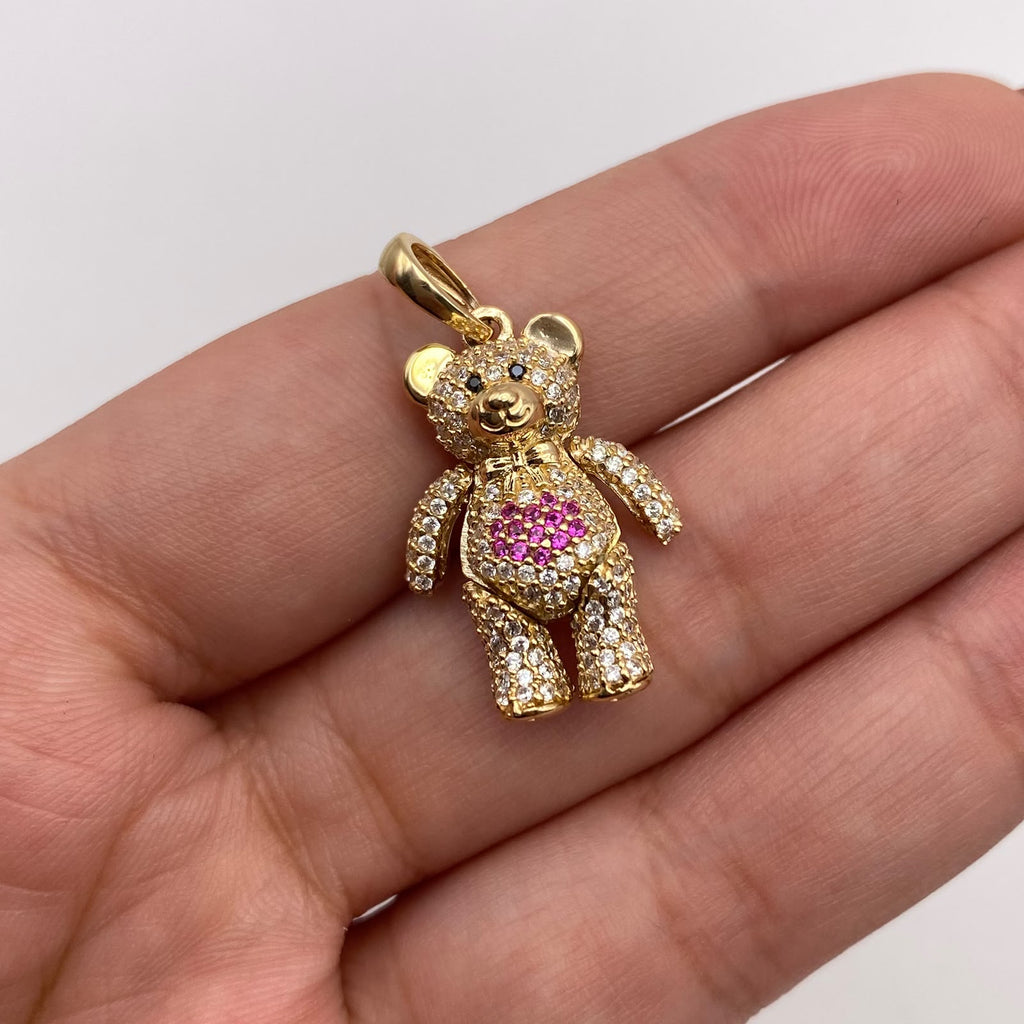 Dije Oso articulado circones blancos corazon fucsia Oro amarillo 18k 5,87 Gr / 14,9 mm / 2,9 Cm