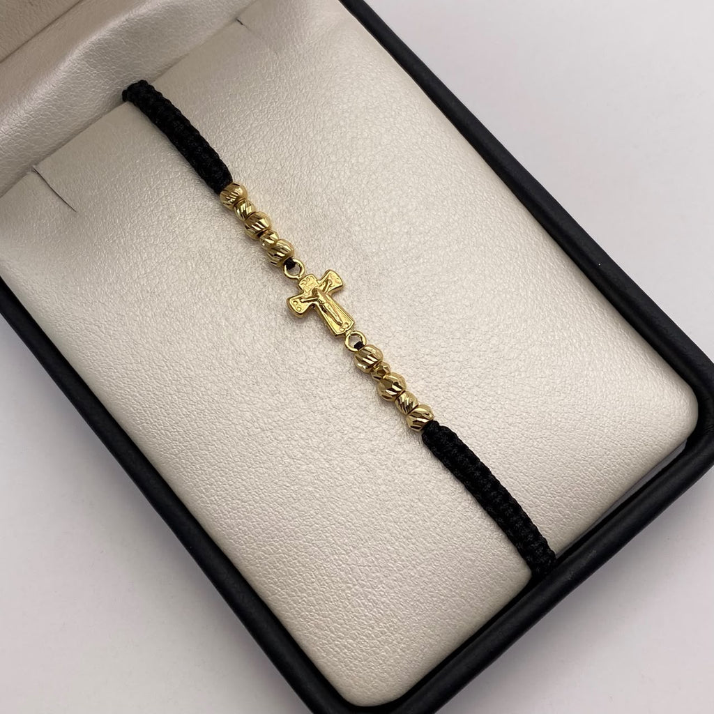 Pulsera tejida Herraje cruz cristo bolas diamantadas 4mm y 3mm hilo negro Oro amarillo 18k 0,9 Gr