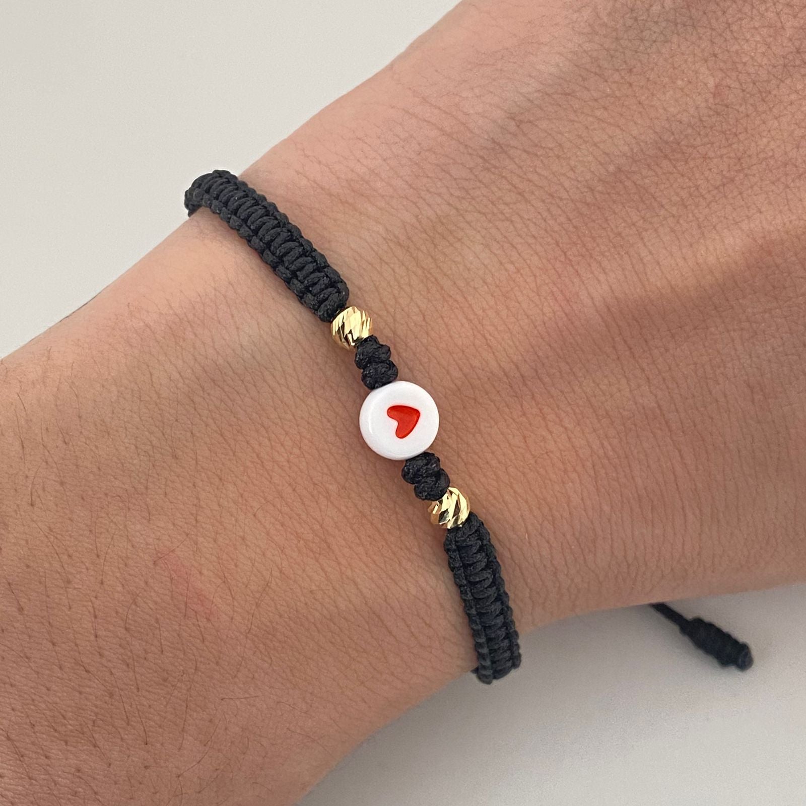 Pulsera tejida con corazon y bolas diamantadas 4mm Oro amarillo 18k 0,2 Gr