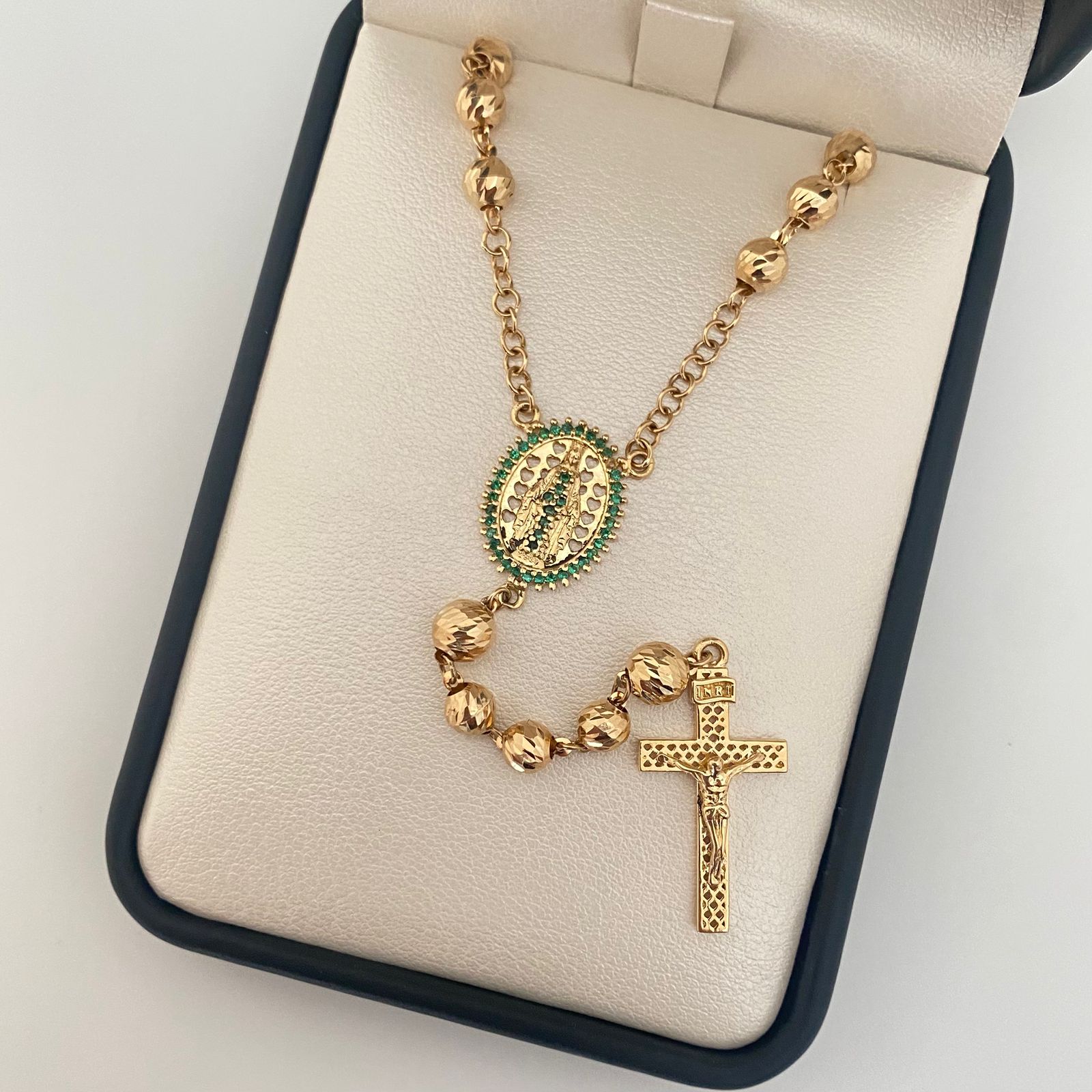 Rosario virgen maria casting verde cruz cristo balines diamantados Oro amarillo 18k 16,85 Gr / 5,0 mm / 66 Cm