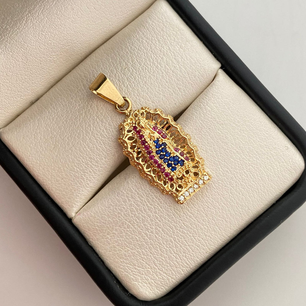 Dije virgen de guadalupe con circones fucsias y azules  Oro amarillo 18k 3,05 Gr / 12,72 mm / 2,9 Cm