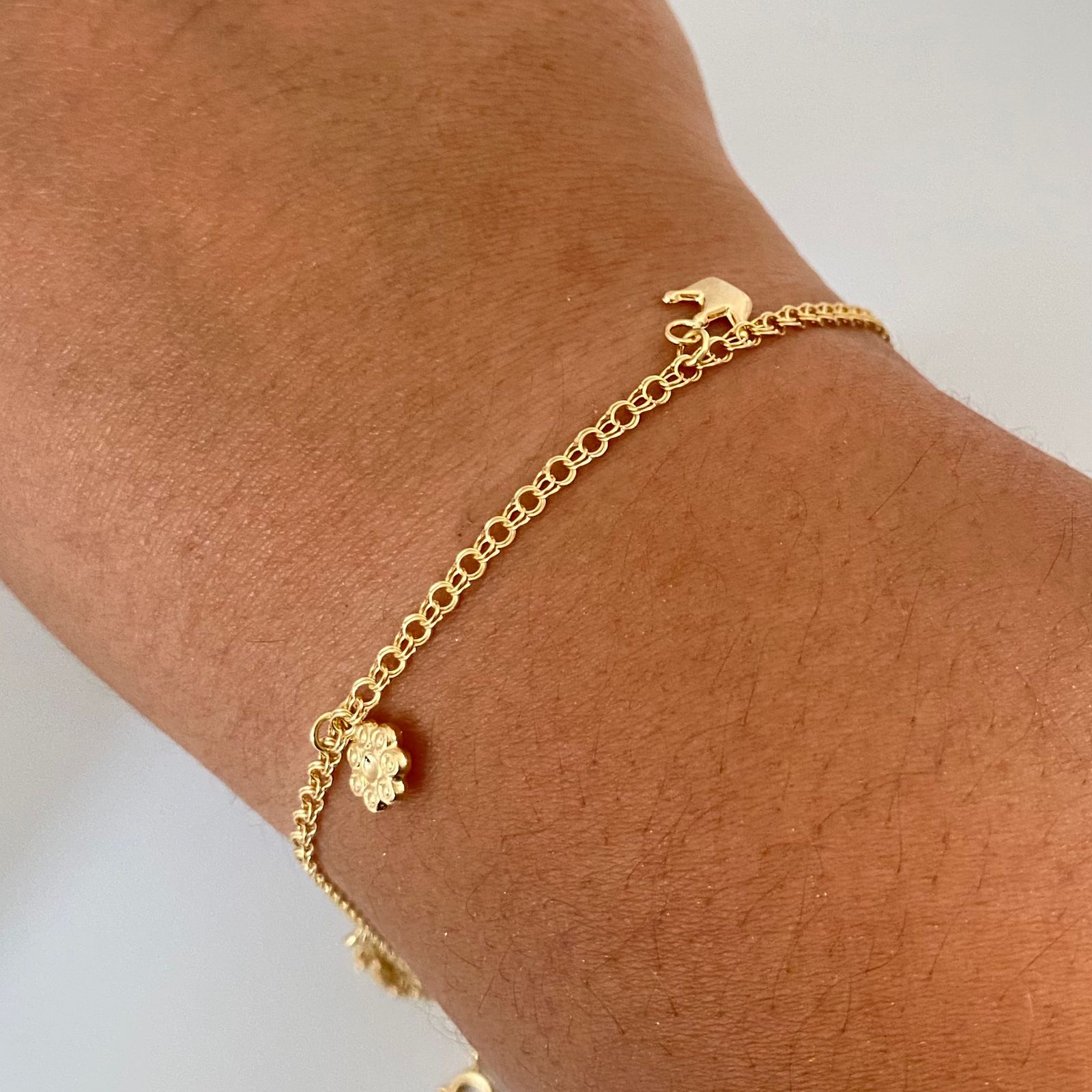 Tobillera doble aro seguido con dijes Oro amarillo 18k 3,50 Gr / 2,4 mm / 25,5 Cm Broche 0,15