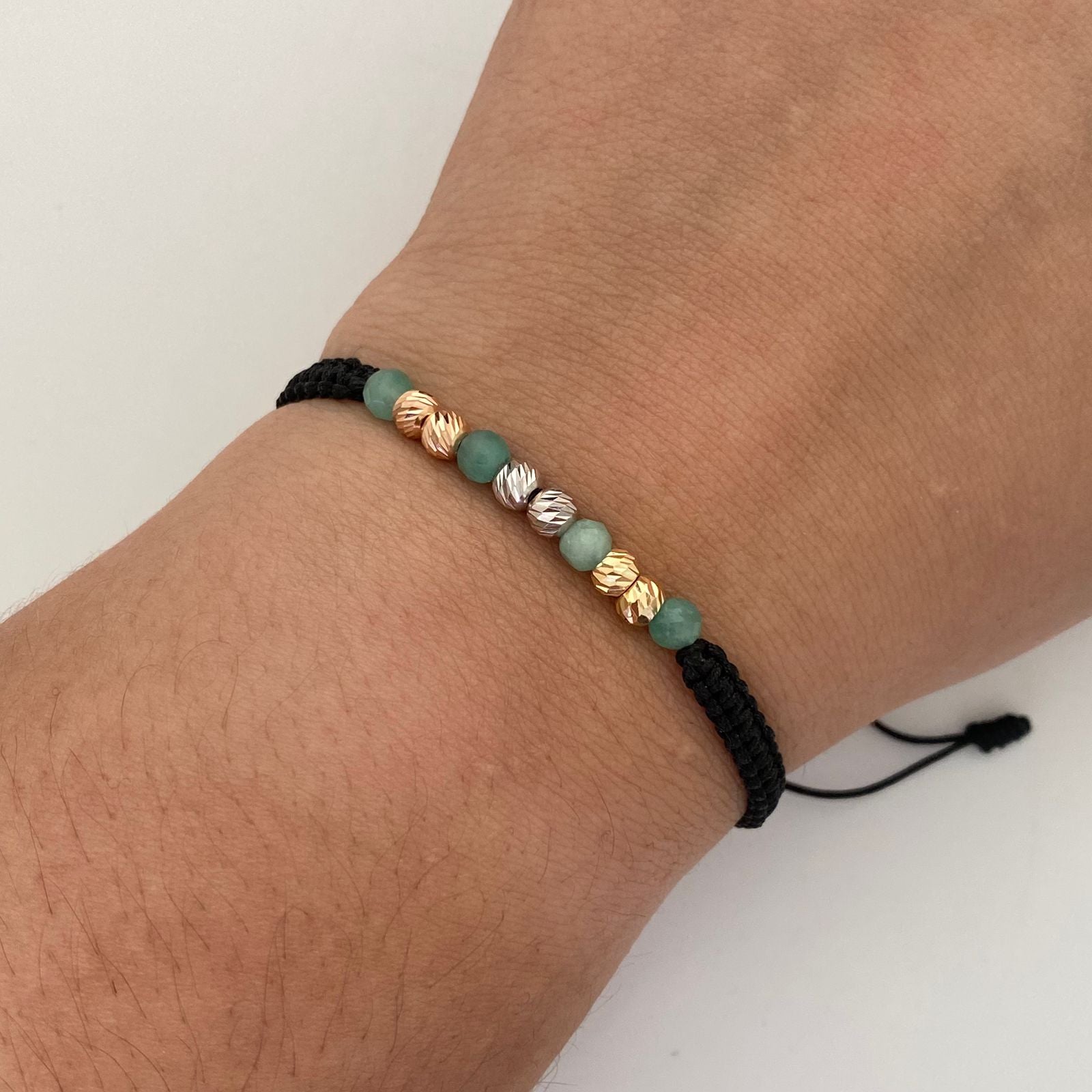 Pulsera tejida Bola diamantada 4mm +morrallas Tres oros 18k 0,55 Gr