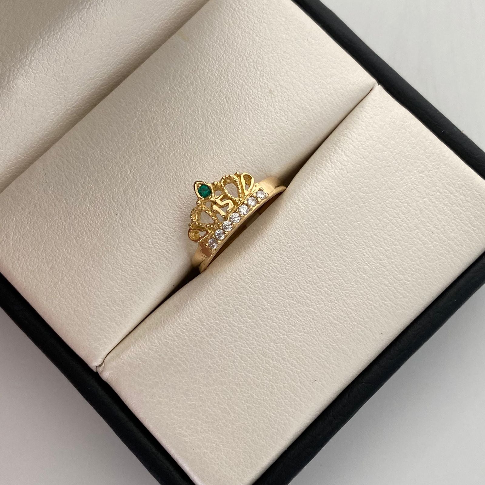Anillo 15 Corona Circon Verde Oro amarillo 18k / Talla 6 / 2,85 Gr