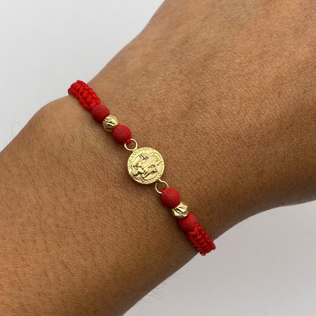 Pulsera tejida herraje san benito bolas diamantadas 4mm Oro amarillo 18k 0,5 Gr