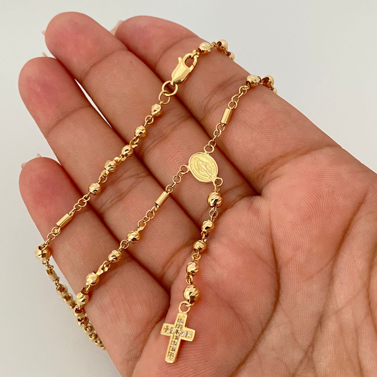 Rosario virgen milagrosa y cruz casting balines diamantados #3 Oro amarillo 18k 8,65 Gr / 3,0 mm / 52 Cm